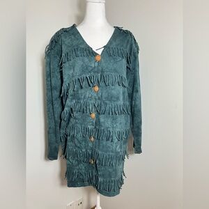 Blue Cactus Button Front Jacket Sz M Oversized Tasseled‎ Green Boho Western